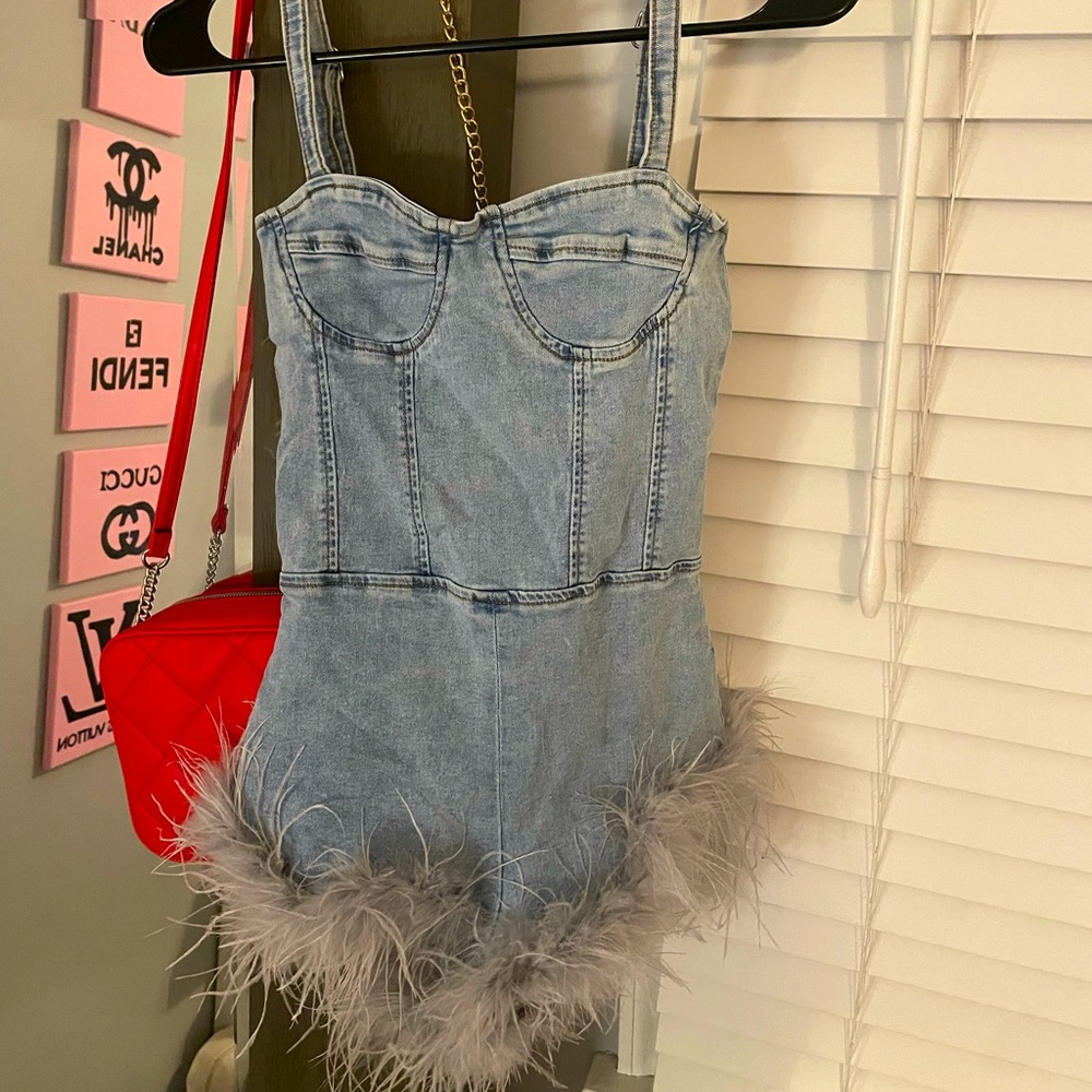 Edikted Denim Romper with Fur at the Bottom. Size Small.